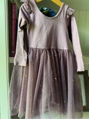 Girls Lavender Tulle Long-Sleeve Dress with Gold Star Accents